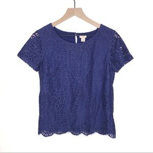 J. Crew Lace Scallop Hem Blouse Short Sleeve Navy Blue 0